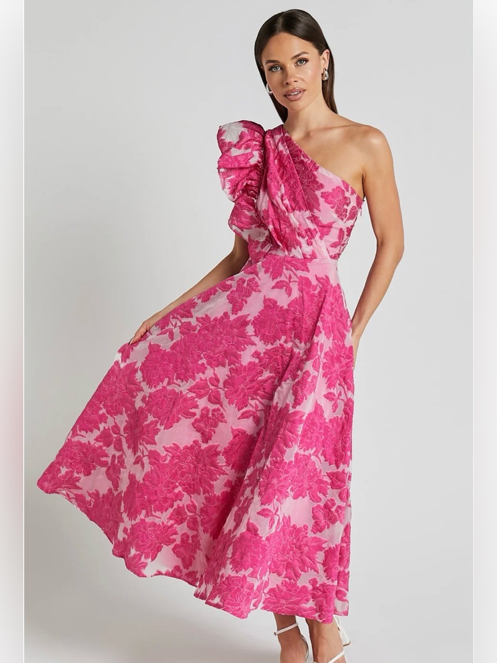 Showpo Hot Pink One-Shoulder Floral Ruffle Maxi Dress - Picture 3 of 12
